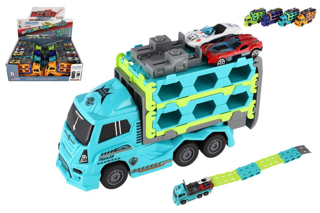 Lkw-Transporter + Auto, 2 Stück, Kunststoff, 22 cm, für Schwungrad, 4 Farben, 8 Stück im Karton