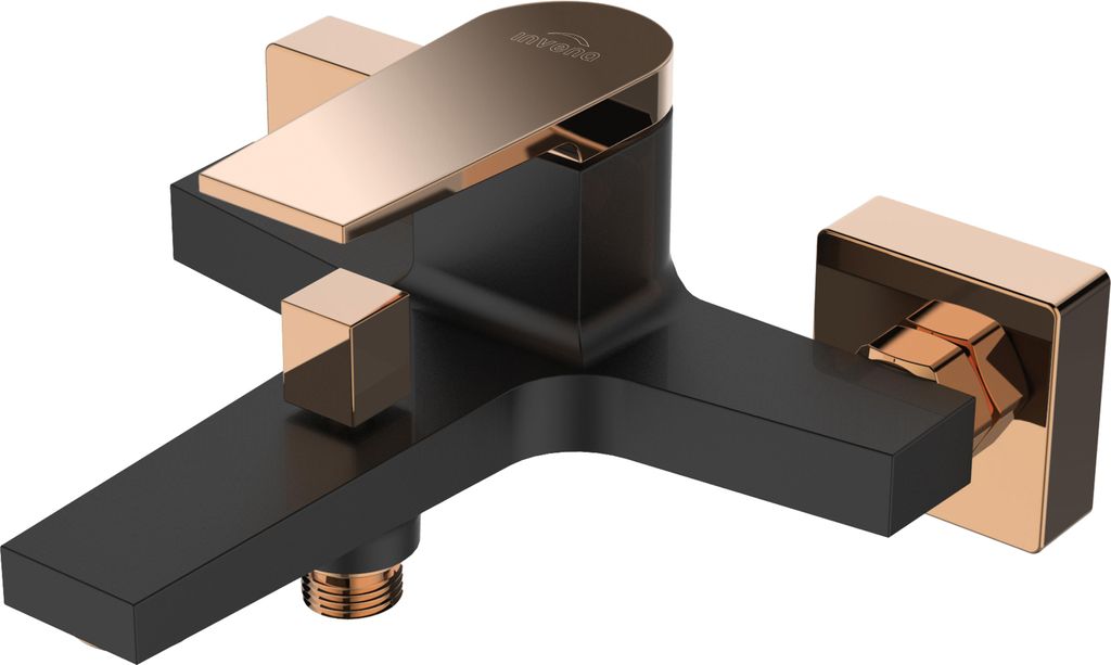 A product shot of a black and gold bathtub faucet against a white background.