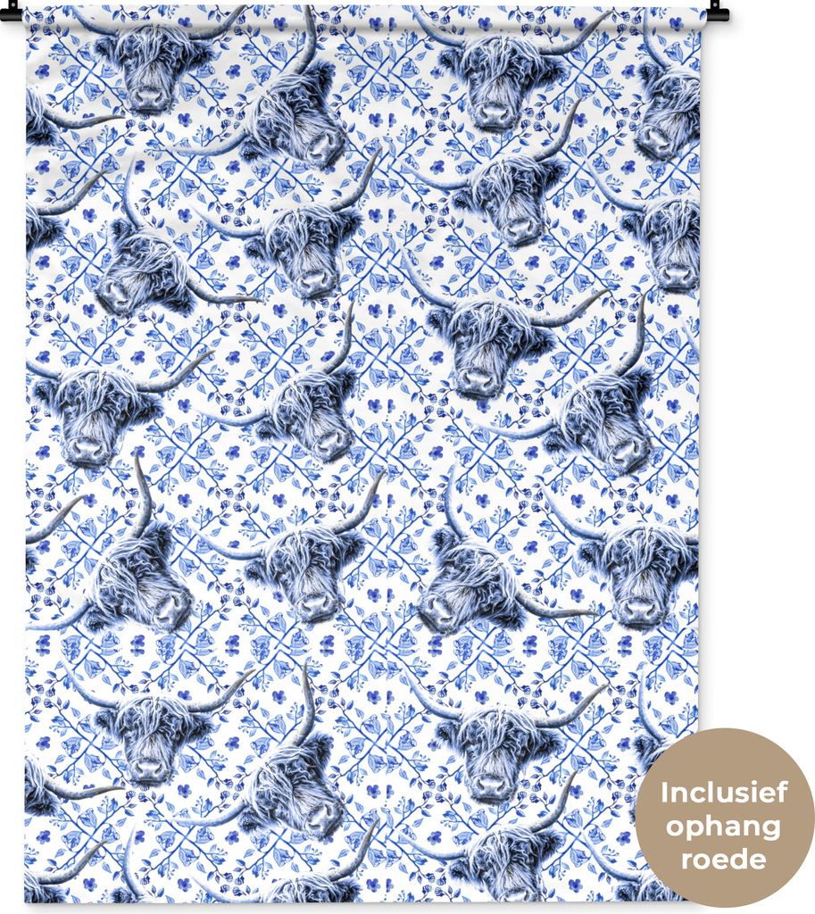 MuchoWow Wandteppich Wandbehang Schottisches Hochlandrind - Schablone - Delfter Blau 120x160 cm Tapisserie Dekoration Wandtuch - Wohnzimmer - Mod...