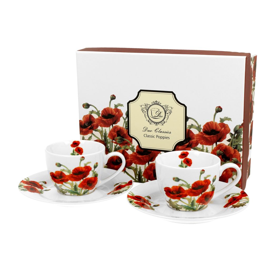DUO FLORAL 2er-Set Espressotassen 90 ml CLASSIC POPPIES mit Untertassen, New Bone China Porzellan