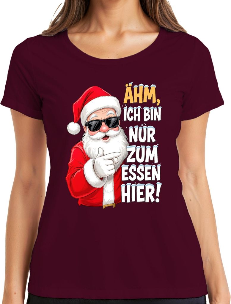 Ähm ich bin nur zum Essen hier Weihnachtsmann lustig Nikolaus Damen T-Shirt, Burgundy, S