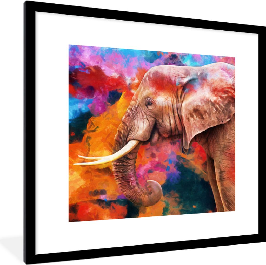 MuchoWow Gerahmtes Poster Gemälde - Öl - Regenbogen - Elefant 40x40 cm - Poster mit Schwarzem Bilderrahmen Wandposter Rahmen Foto Bilder - Post...