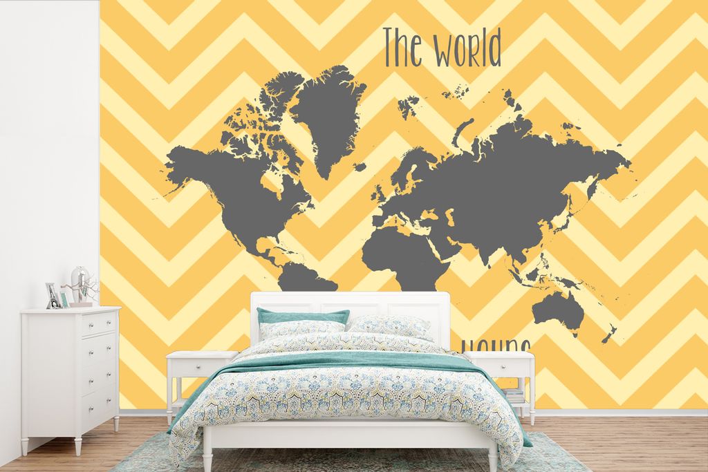 MuchoWow Fototapete für Wohnzimmer oder Schlafzimmer Wandtapete Vinyl Motivtapete Weltkarte - Grau - Muster - 600x400 cm - Vinyltapeten