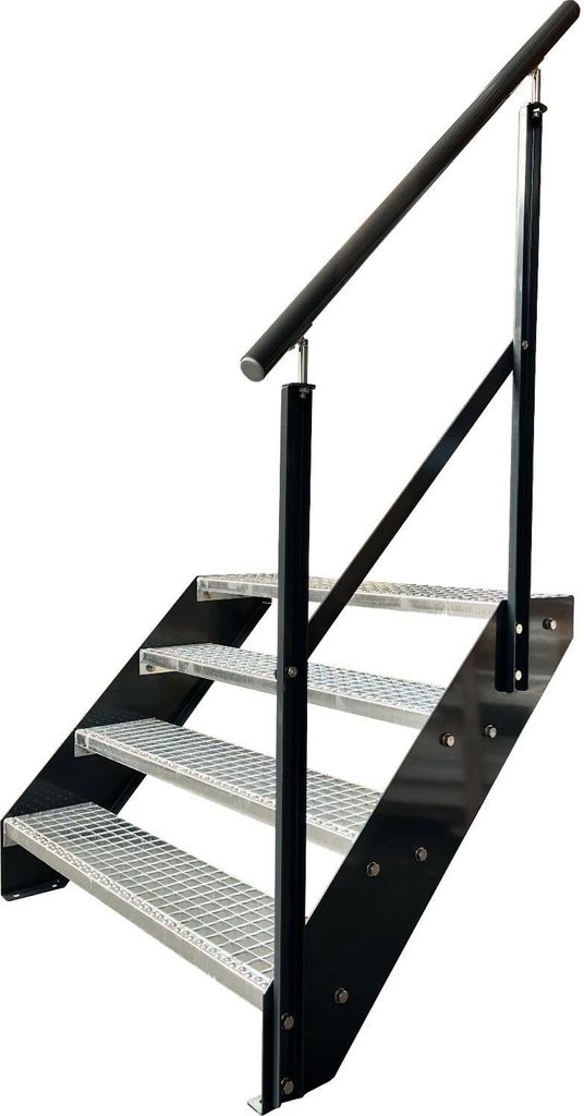 Gitterrost Stahl Wangentreppe 4 Stufen Verzinkt & Anthrazit Pulverlackierte Seiten + Geländer Rechts - (L x B x H) 82cm x 140cm x 76cm