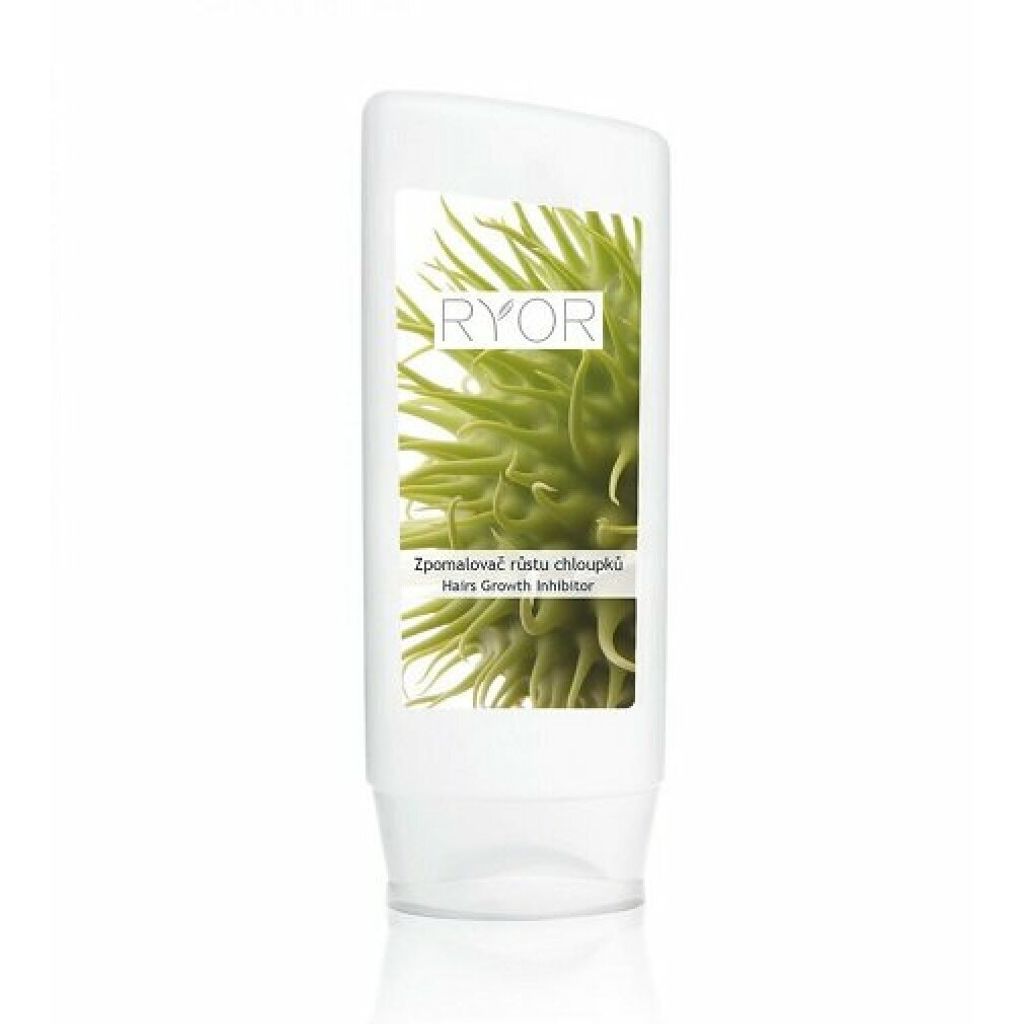 A white bottle of Ryor hair growth inhibitor with a green botanical illustration on a white background.