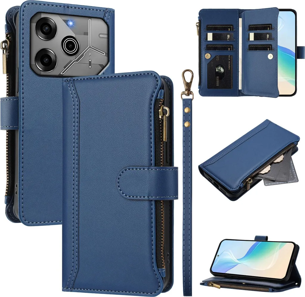 Custodia Antiurto Tecno Spark 6 Go: Zip, Portafoglio e Laccetto Blu