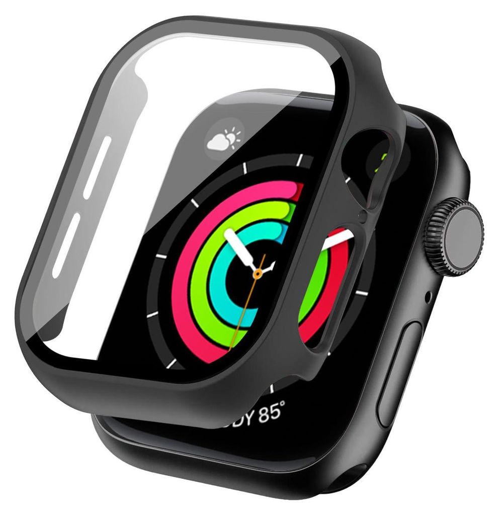 A black smartwatch protective case is shown on a smartwatch.