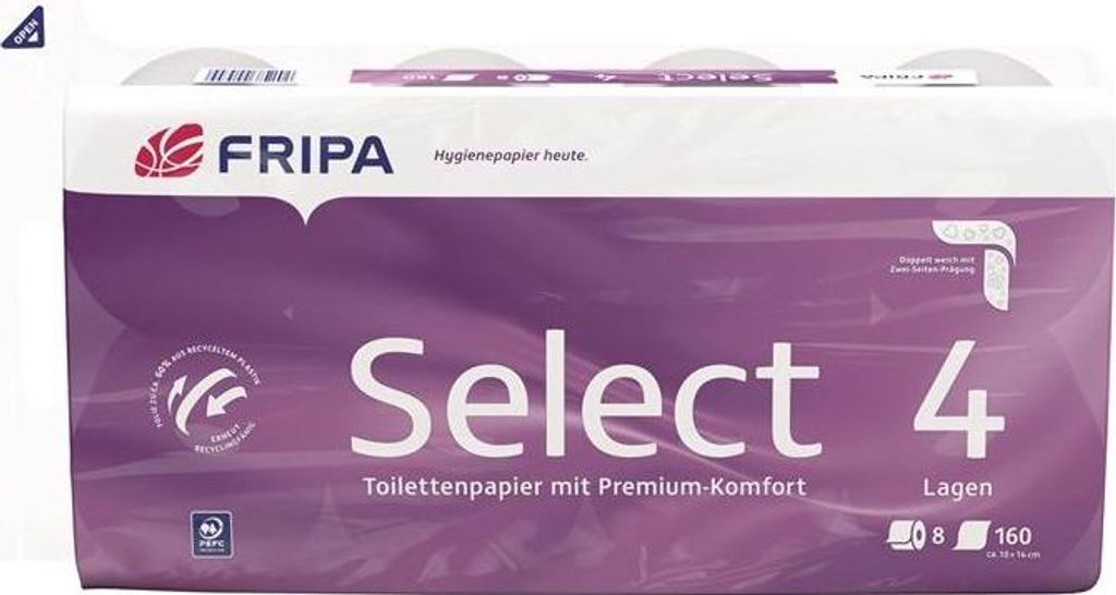 Toilettenpapier 4-lagiges Tissue Ø 12 cm – 13,8 x 9,8 cm, hochweiß, 160 Blatt pro Rolle, 48 Rollen (Select)