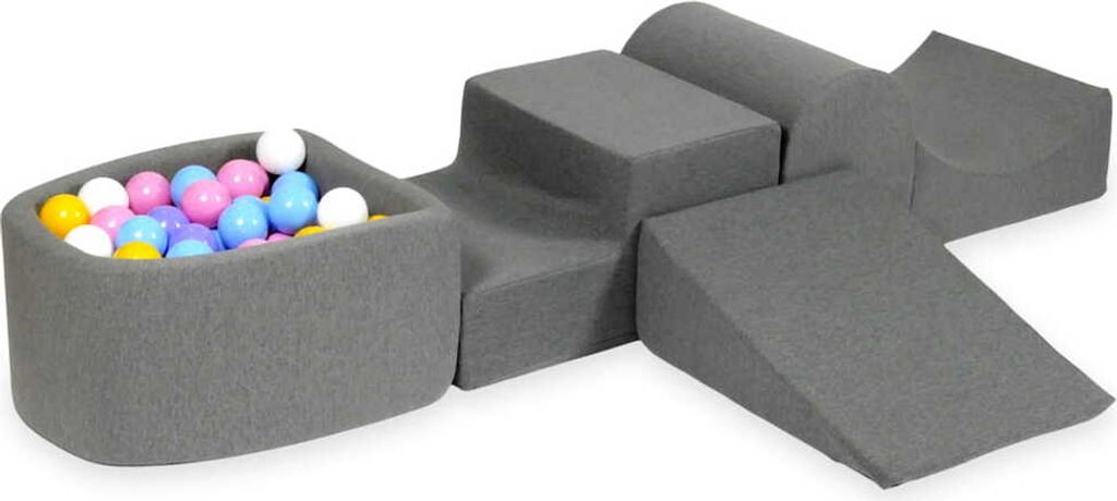 Schaumstoff-Spielset mit Hügel und Mikro-Bällepool – grau mit Bällebadbällen 100 Stück / hellblau, gelb, meliert, puderrosa, weiß