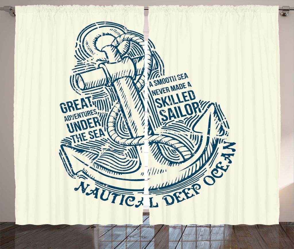 ABAKUHAUS Anker Rustikaler Vorhang, Vintage nautische Meer, Wohnzimmer Universalband Gardinen mit Schlaufen und Haken, 280 x 225 cm, Blaue Creme