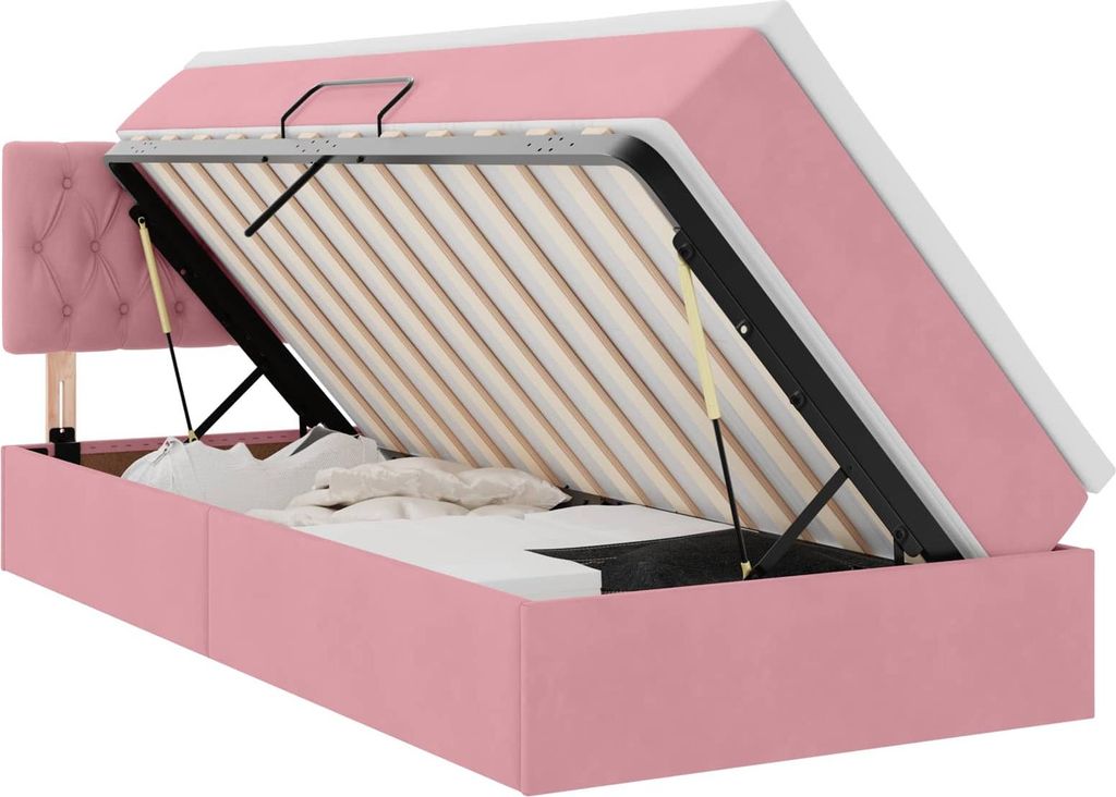 Bett mit Stauraum und LED mit Matratze Rosa 90 x 200 cm Samt