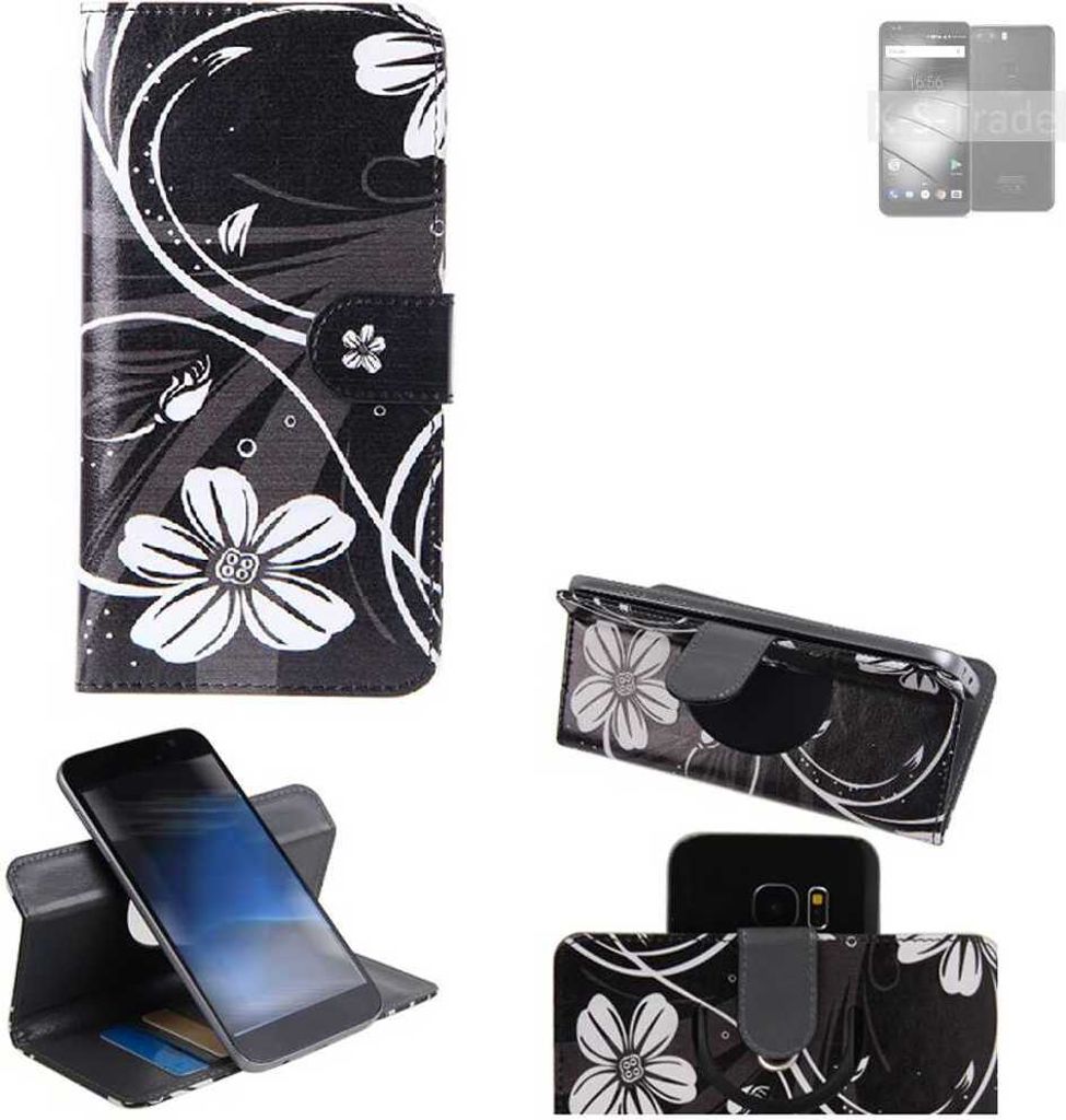 K-S-Trade Schutzhülle Handyhülle kompatibel mit Gigaset GS370 Plus Hülle 360° Wallet Case ''Flowers'' Klapphülle Hülle schwarz-weiß 1x