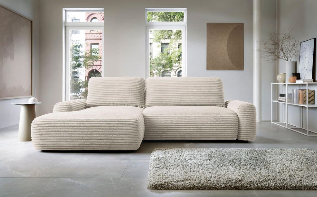 Masseno Ecksofa OSSO mit Schlaffunktion L-Form, Sofa mit Bettkasten, Wohnzimmersofa, Couch, Soffa, Bettsofa, Couchgarnitur- Creme, AMBIENCE 02