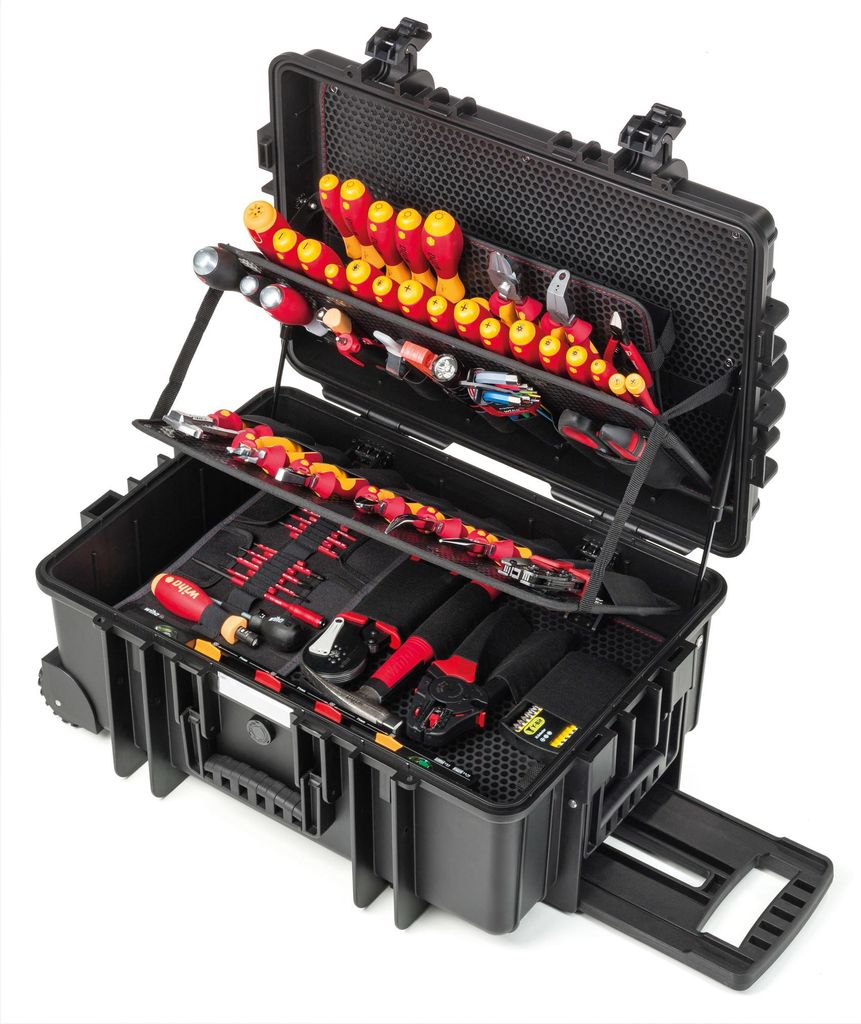An open black tool case filled with various tools, including screwdrivers, pliers, and other electrical equipment. The case has multiple compartments and trays to organize the tools.
