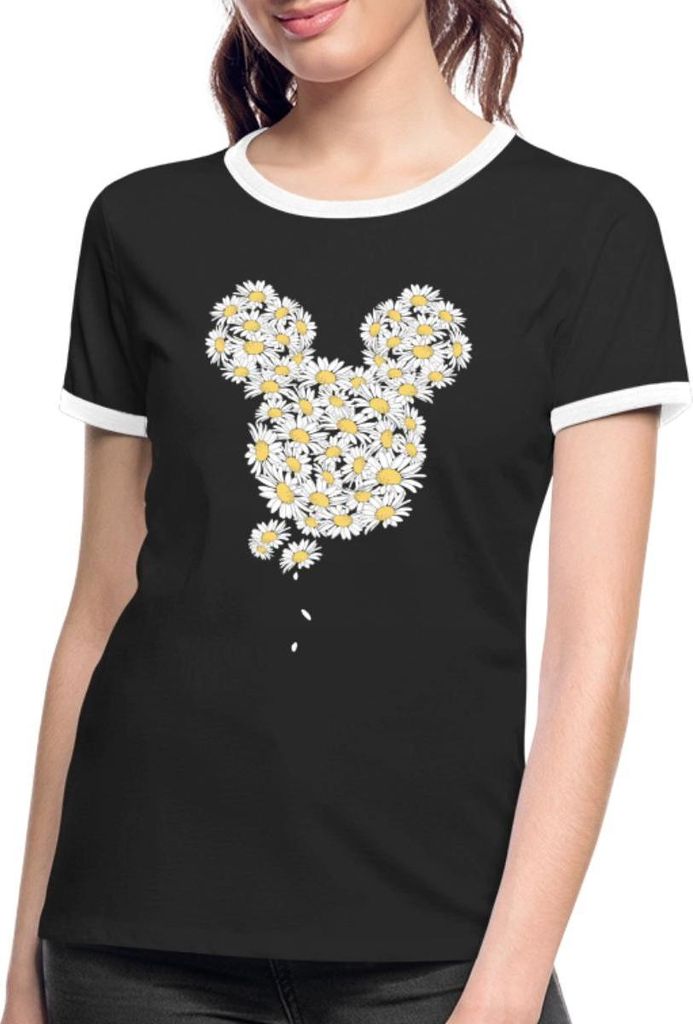Mickey & Minnie Mickey Mouse Gänseblümchen Frauen Kontrast T-Shirt, L, Schwarz/Weiß