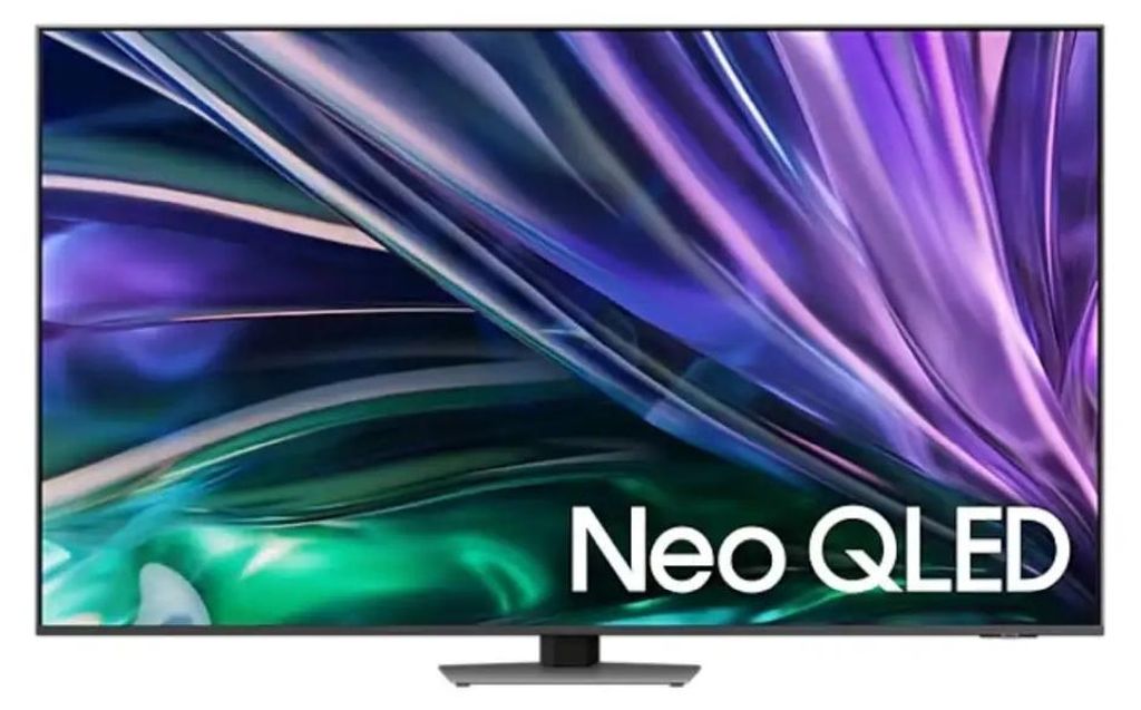 A Samsung Neo QLED television is displayed with a colorful abstract image on its screen.