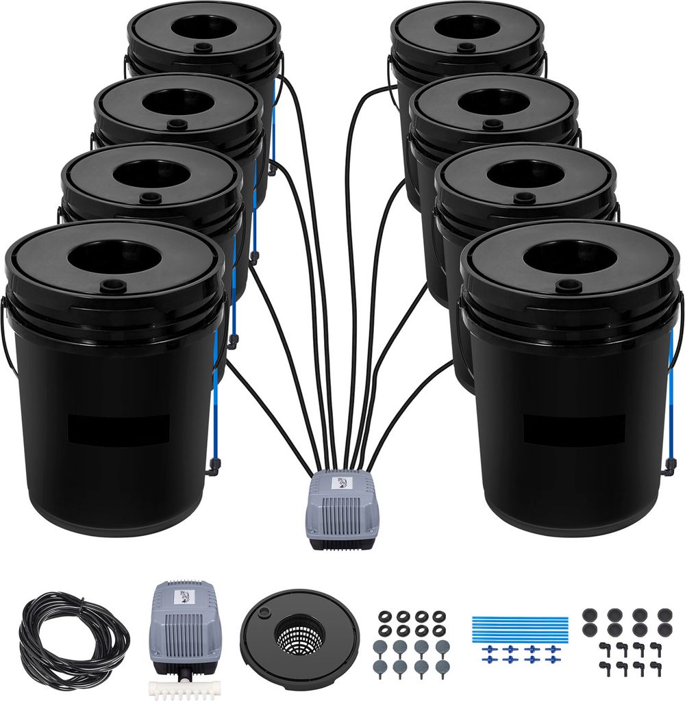 A hydroponic growing system with multiple buckets and an air pump.