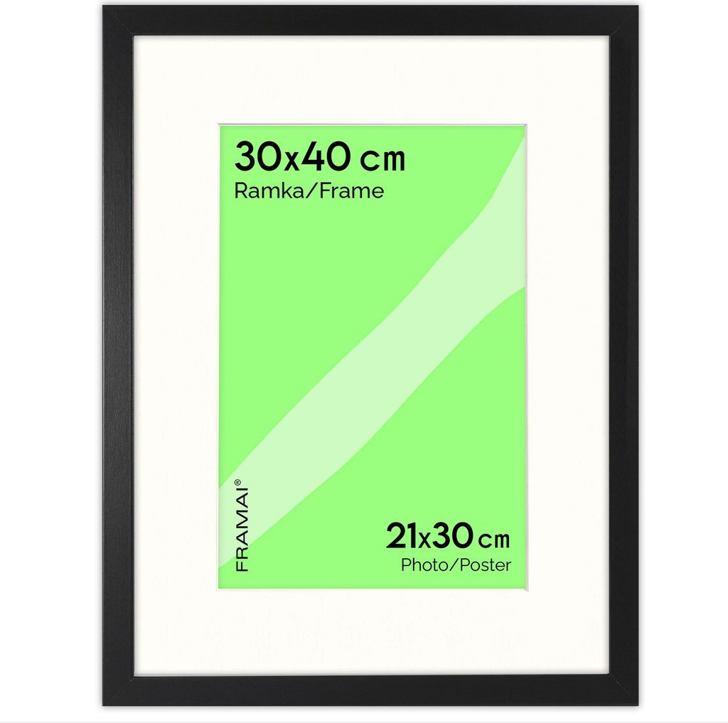 FRAMAI Bilderrahmen 30x40 cm in Schwarz – mit Passepartout – MDF Holzrahmen, bruchsicheres Plexi, umweltfreundlich, mit Aufhängung & Stände...