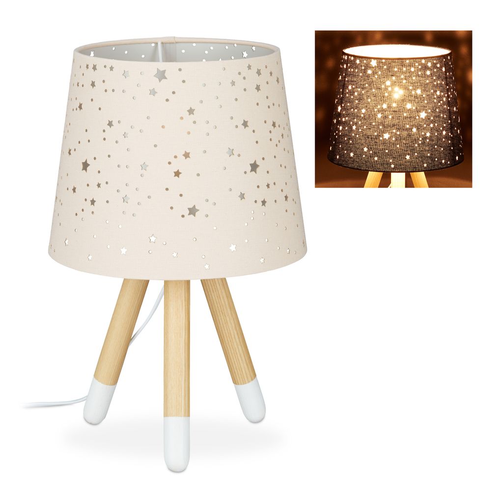 Relaxdays Tischlampe Kinderzimmer, Nachttischlampe für Mädchen, E14, runder Stoffschirm mit Sternen, 40 cm hoch, rosa
