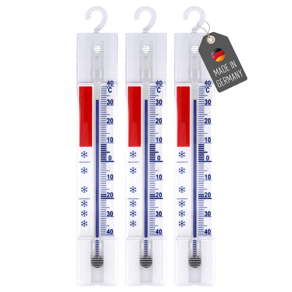 Three thermometers against a white background with a 'Made in Germany' tag.
