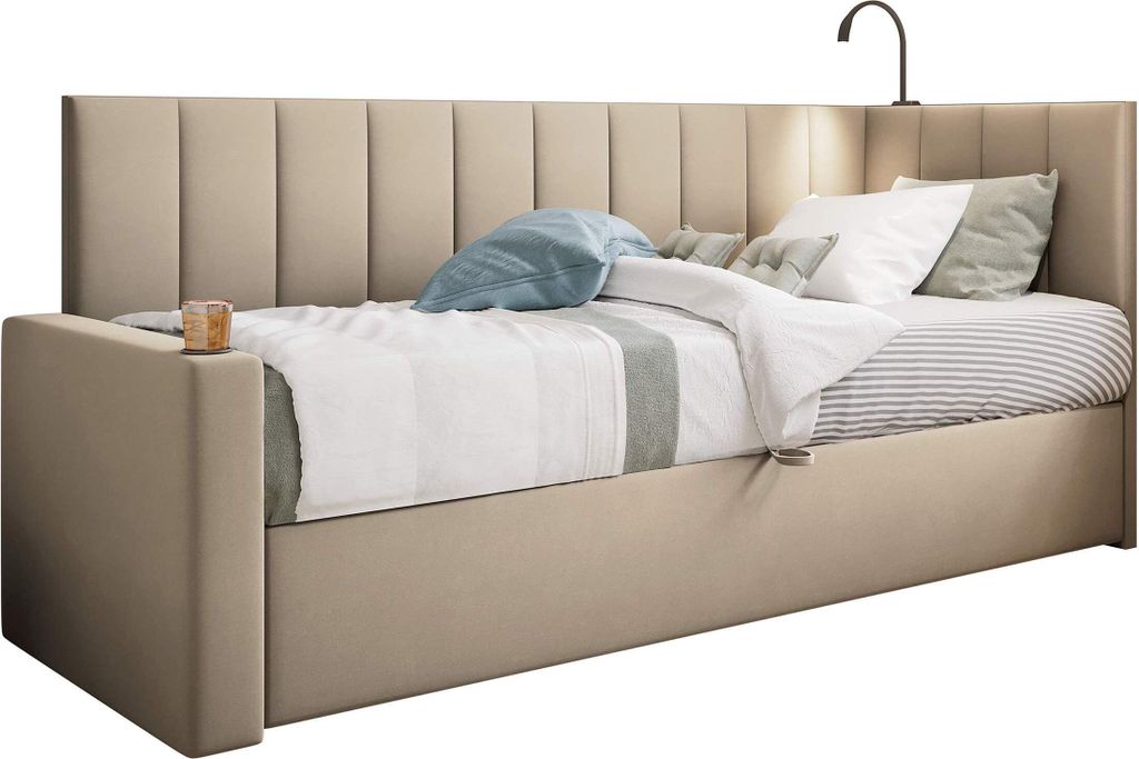 TRADA Tokio Jugendbett Boxspringbett 80x200 mit Hohes Kopfteil und Matratze Beige Links