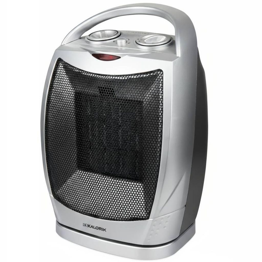 A silver and black electric heater with a black mesh front and a silver handle on top.