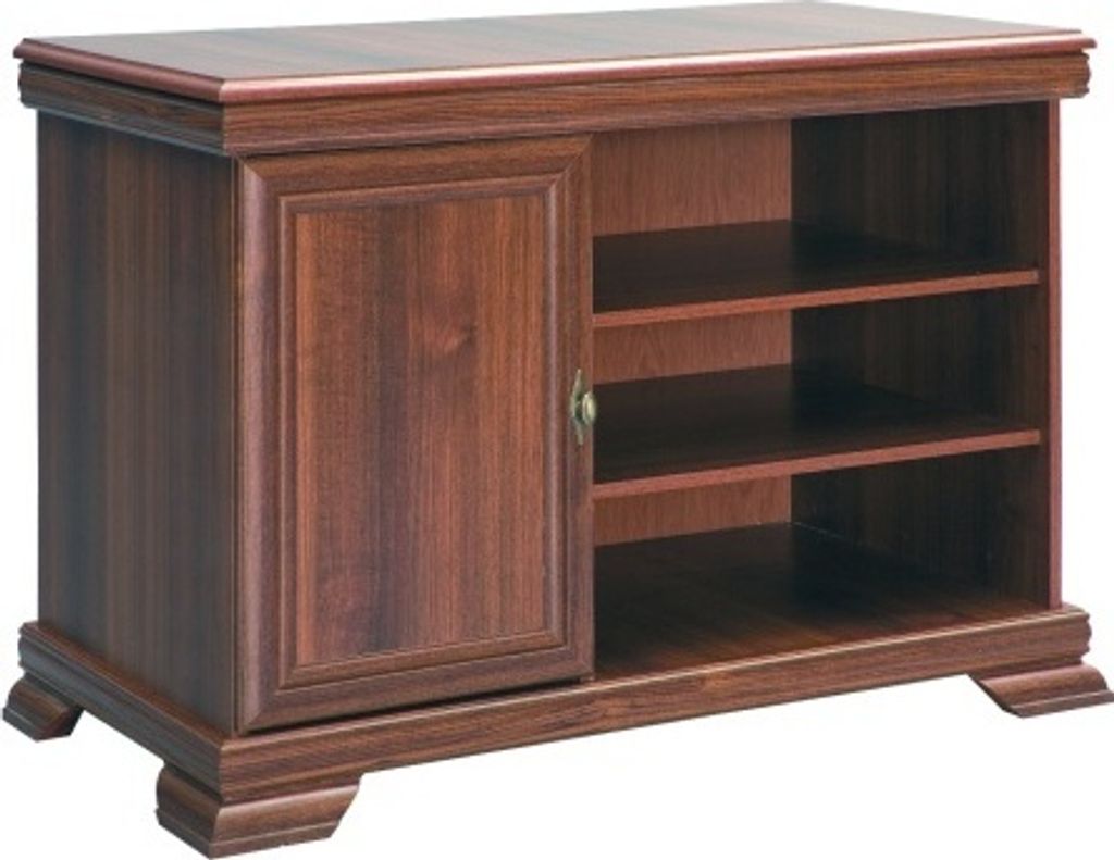 A wooden cabinet with a door on the left and shelves on the right, presented against a white background.