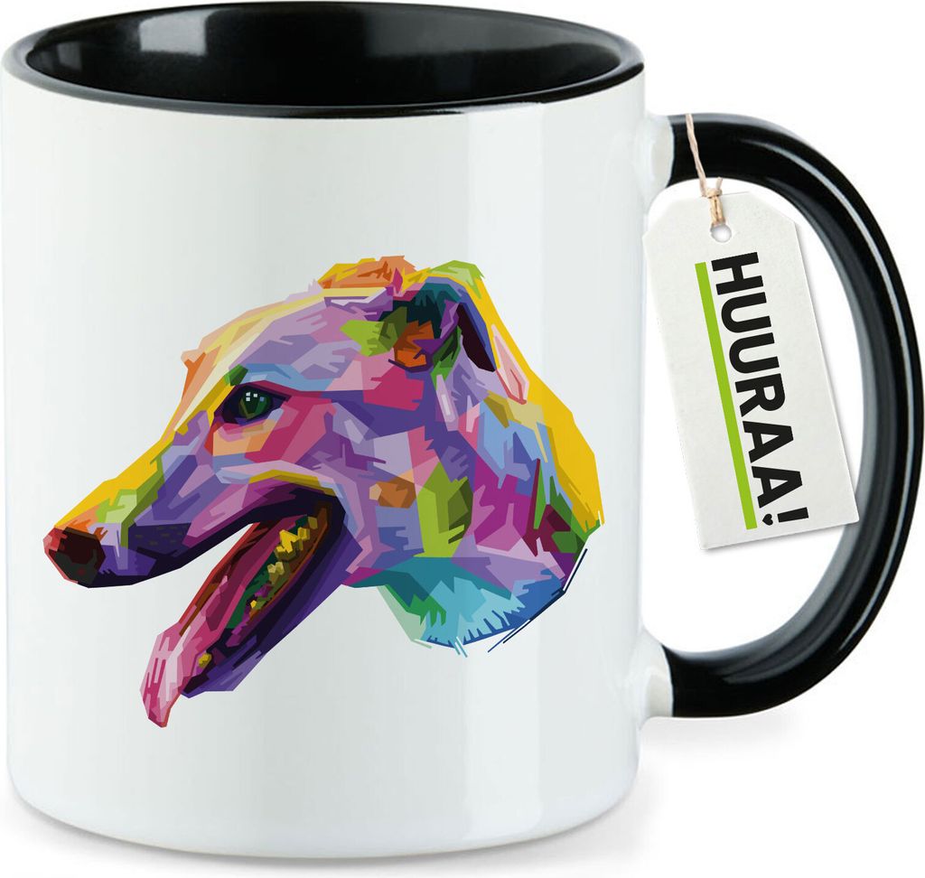 Huuraa Kaffeetasse Greyhound Colorful 330ml Schwarz Keramik Kaffeebecher Geschenkidee