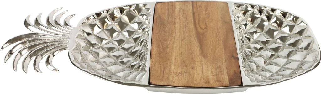 FURNARO Brettschale Pineapple Schale in Ananasform aus vernickeltem Aluminium mit Mangoholz-Einsatz, 63x26x6 cm, dekorativ und funktional