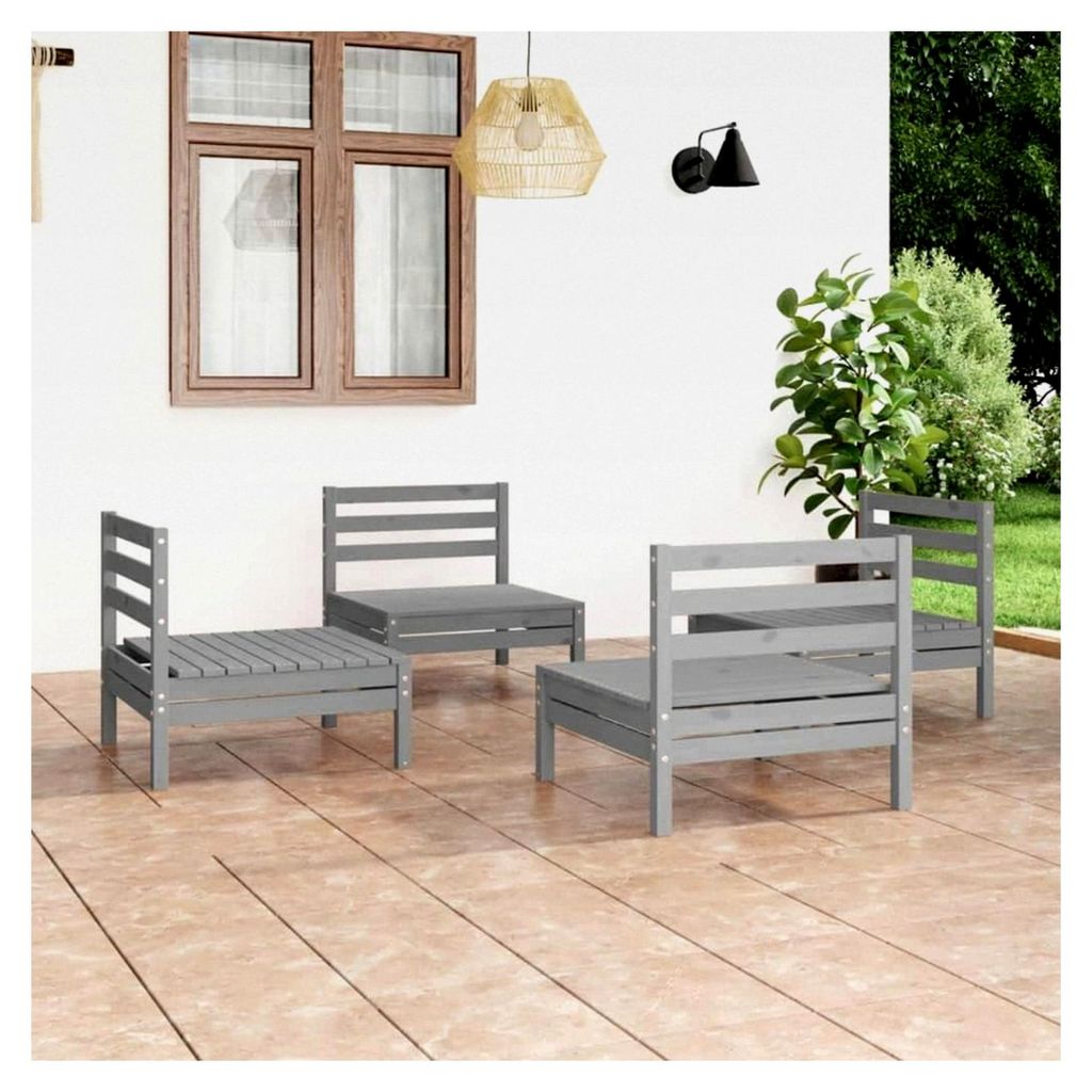 4-teiliges Garten-Lounge-Set Grau aus massivem Kiefernholz, modulares Outdoor-Sofa für Terrasse, Balkon, Garten, robust und stabil, 110 kg Tragkraft