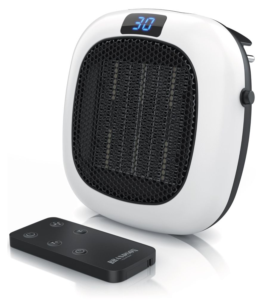 A white electric heater with a black grille and a digital display showing '30', placed on a white surface next to a black remote control.