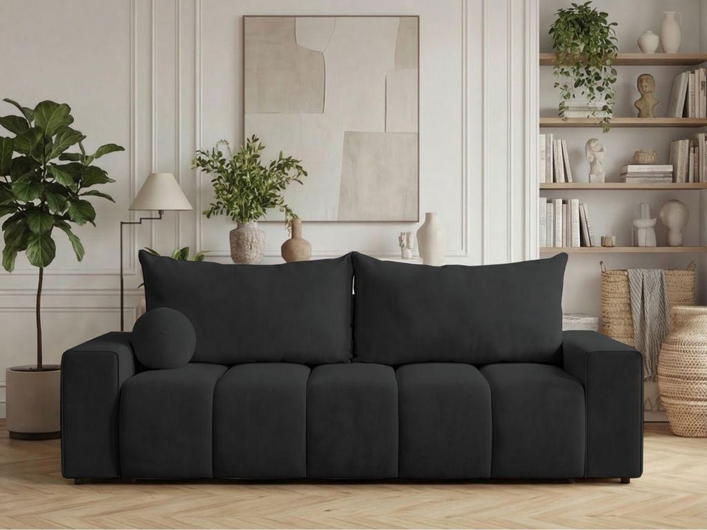 GrainGold Schlafcouch Miro - Sofa mit Schlaffunktion und Bettkasten - Schlafsofa, Klappsofa, Polstersofa - Schlafcouch Schwarz (Komodo 23)