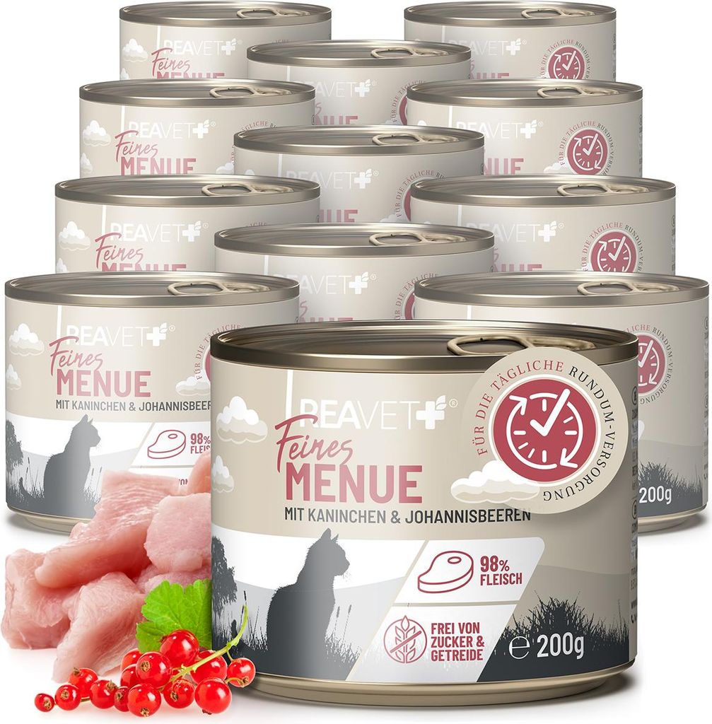 REAVET Premium Katzenfutter nass mit Kaninchen & Johannisbeeren 12 x 200g I Getreidefrei aus hochwertigem Fleisch I Katzennassfutter ohne Zucker, N...