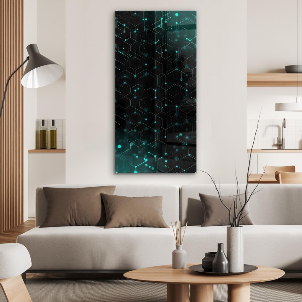 MuchoWow Glasbilder - Bilder auf Wandbild - Foto auf Glas Spiele - Netzwerk - Blau - Punkte - Muster 60x120 cm Wanddekoration aus Glas - Acrylglasb...