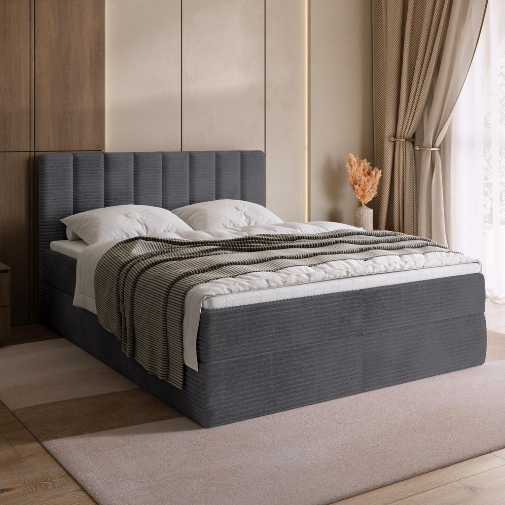 BroMARKT Boxspringbett DENVER mit 2 Bettkasten, Bonell-matratze, Polsterbett, Bett, Cordstoff (Dunkelgrau, POSO 60, 180x200 cm)