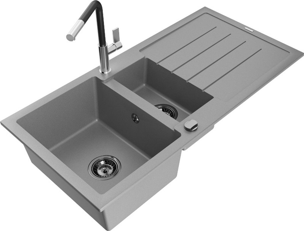 Mexen Andres 1,5-Becken-Granitspüle mit Abtropffläche und Mischbatterie Flora, Grau - 6515-71-670401-07-B