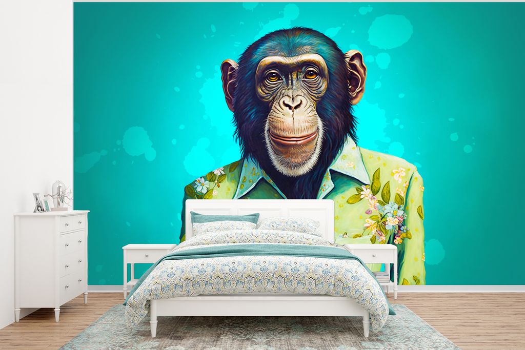 MuchoWow Fototapete für Wohnzimmer oder Schlafzimmer Wandtapete Vinyl Motivtapete Affe - Bluse - Blumen - Grün - Porträt - 320x240 cm - Tapeten