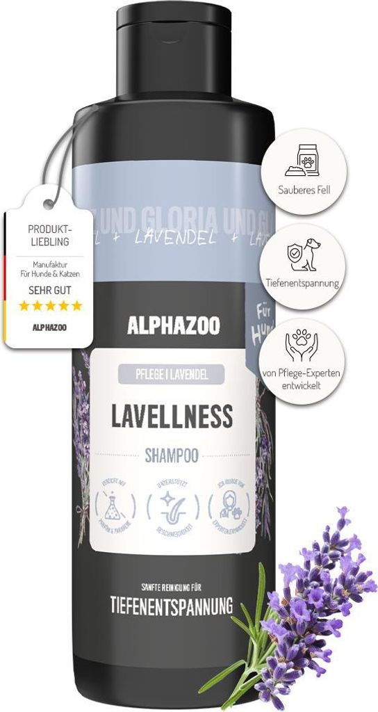 alphazoo Lavellness Hundeshampoo 250 ml – Sanfte Reinigung & Pflege mit Kokosnussfruchtextrakt & Lavendelöl – Für sensibles Fell, parabenfrei