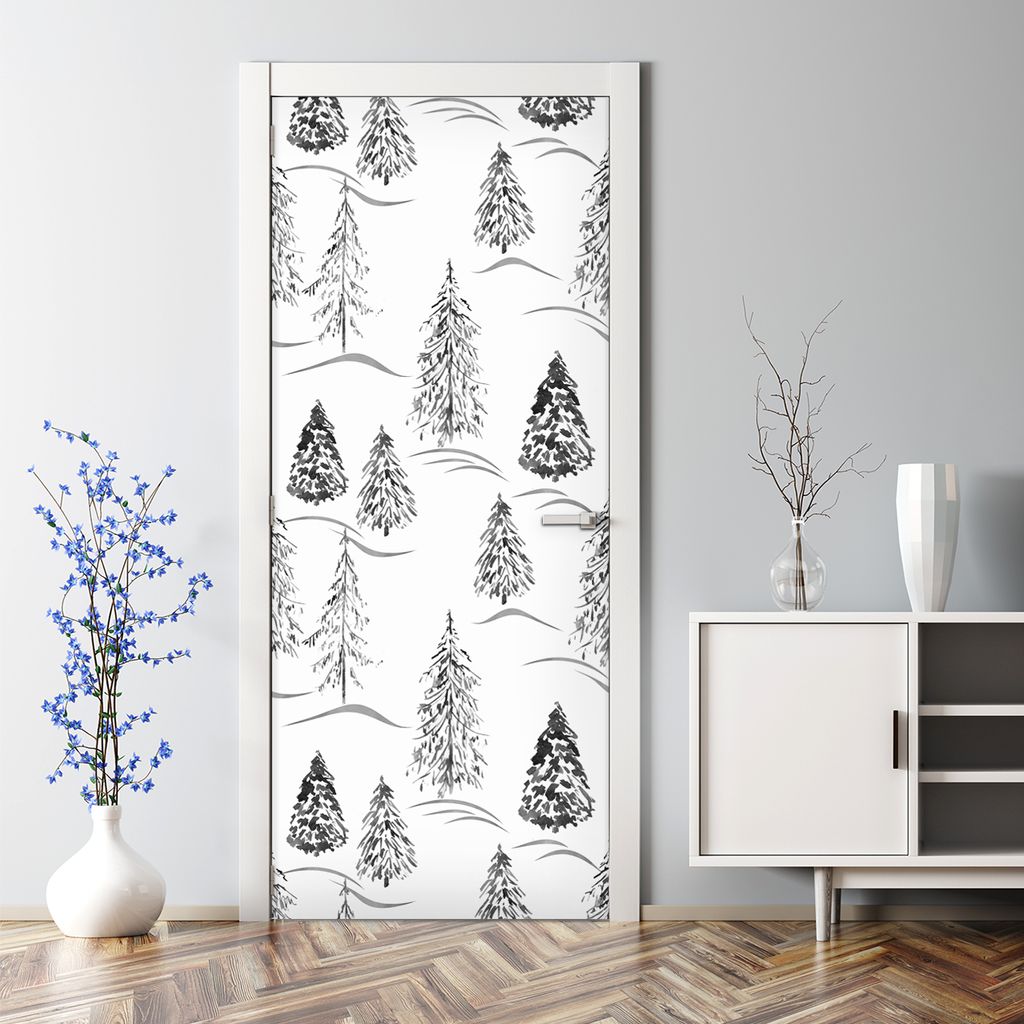 Dekorative Türaufkleber Wand selbstklebend Dekorfolie Türtapete Winter Wald Bäume 85 x 200 cm