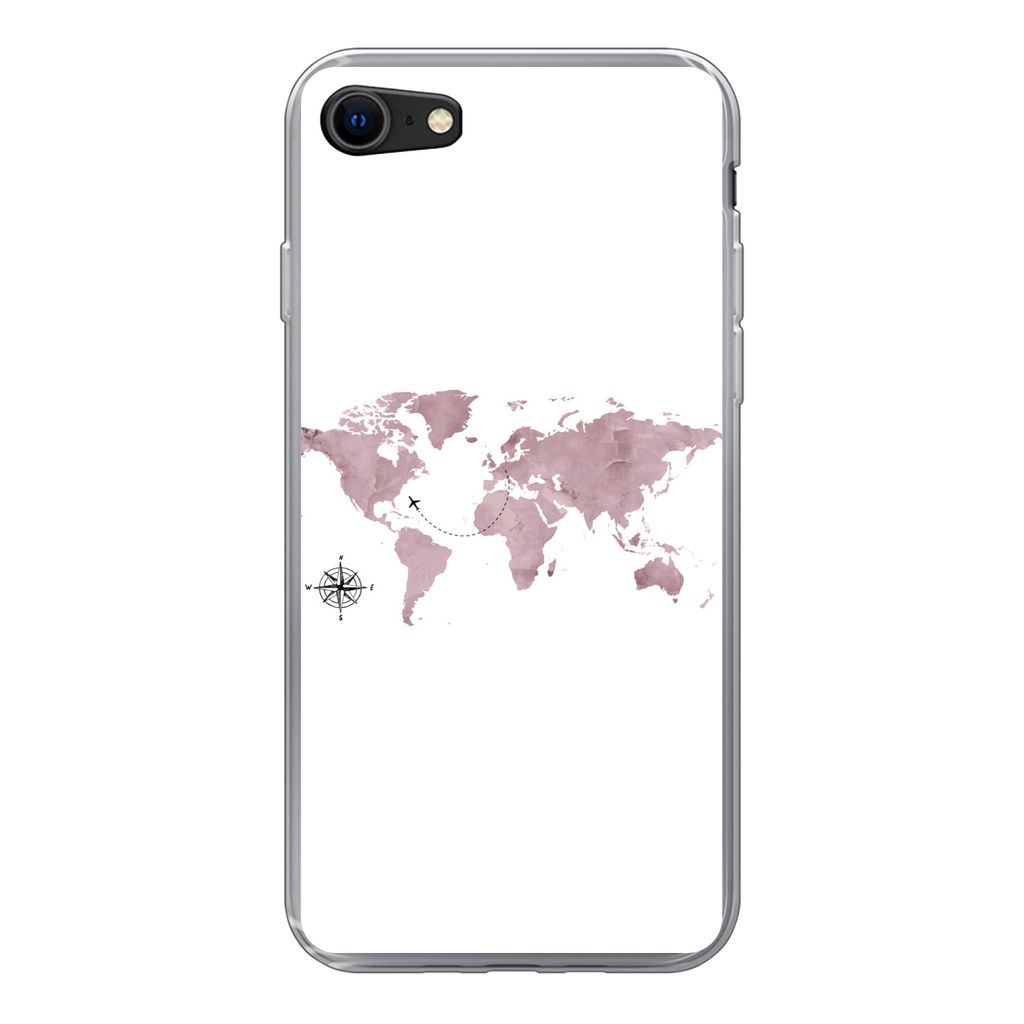 MuchoWow Handyhülle Schutzhülle Hülle für iPhone SE 2020 Weltkarte - Rosa - Flugzeug Silikon Softcase Handy Hülle - Kartenbesitzer