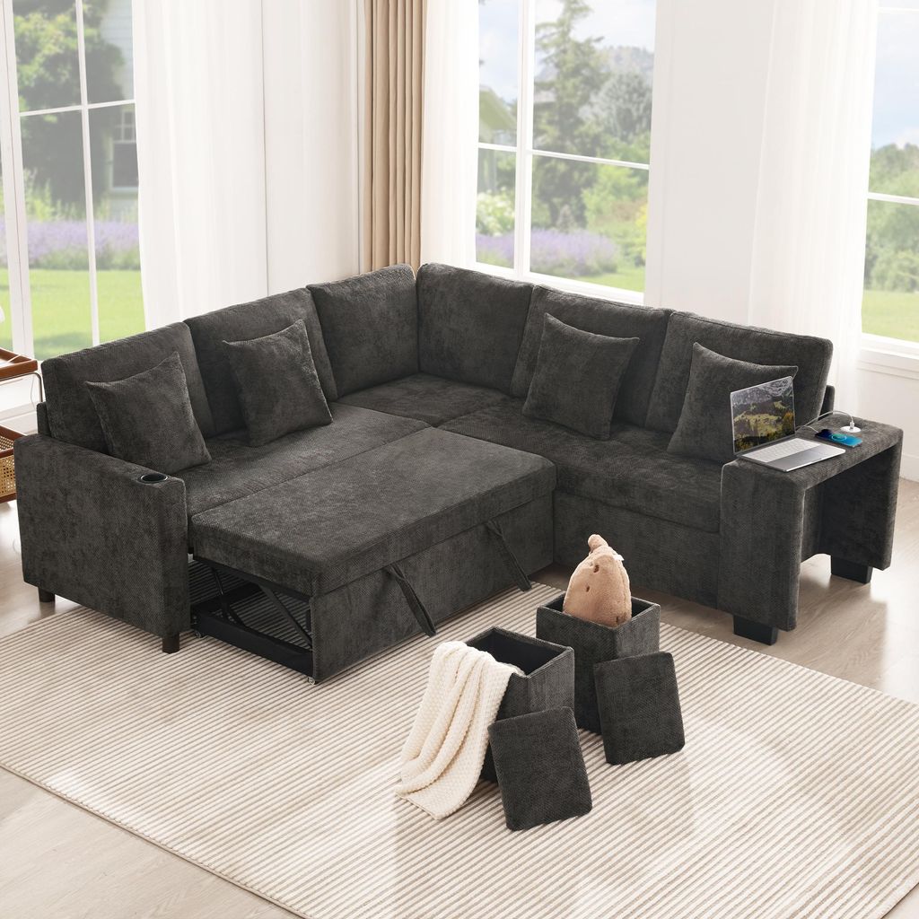 Merax L-förmiges ausziehbar Schlafsofa, Ecksofa mit Schlaffunktion, Stauraum, USB, Getränkehalter, Kissen, Bettsofa für Wohnzimmer & Heimkino, Grau