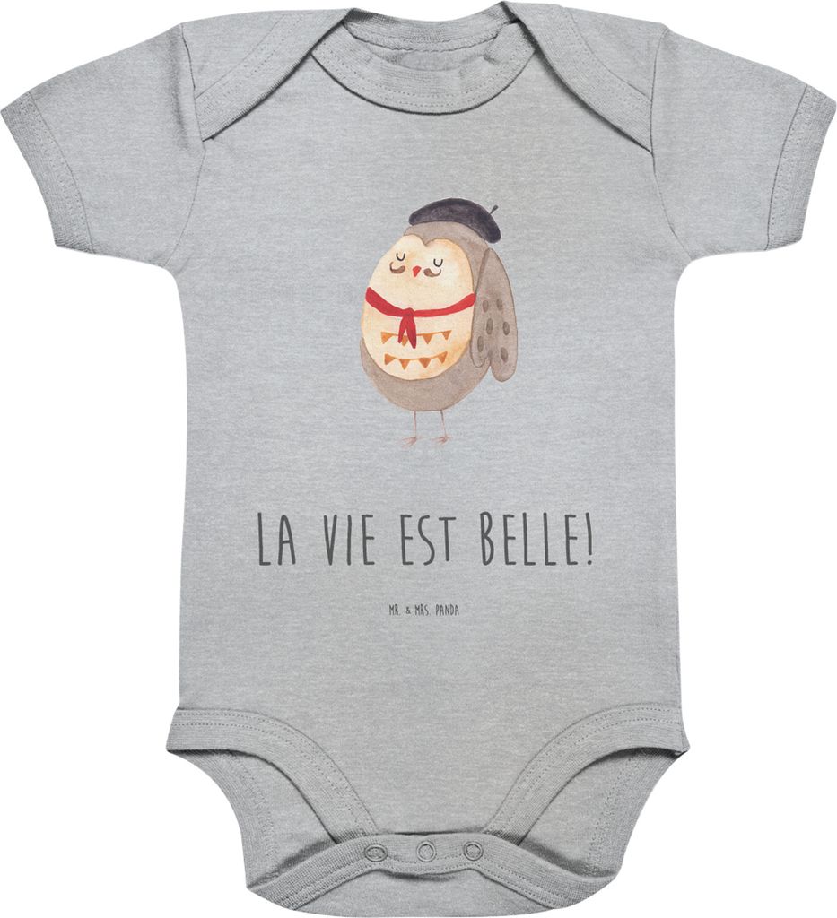 Mr. & Mrs. Panda Babybody Eule Frankreich 3. - 6. Monat - Heather Grey - Geschenk, Spruch, kurzarm strampler, Owl, Kurzarmbody, babykleidung body, ...
