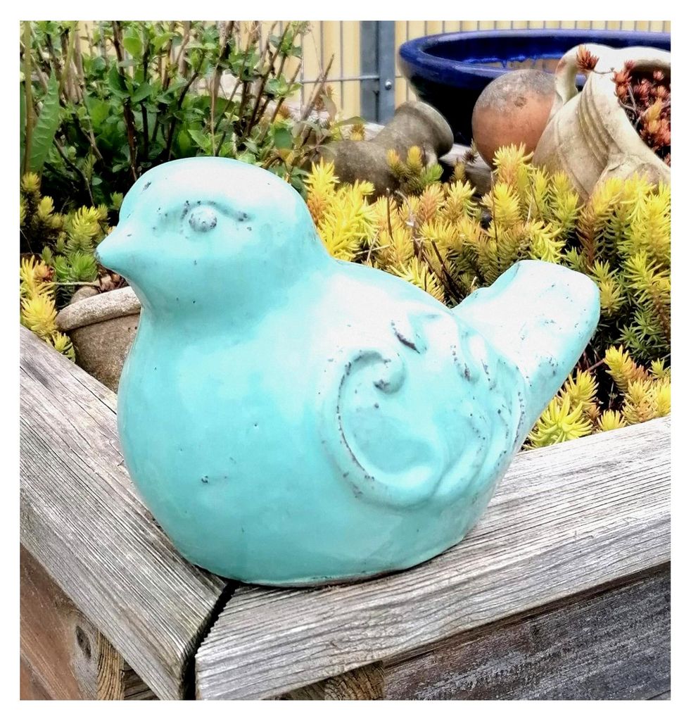 ! Vogel türkis glasiert aus frostfestem Steinzeug, ca. 24 cm lang, Figur Tier Spatz Taube Deko Garten