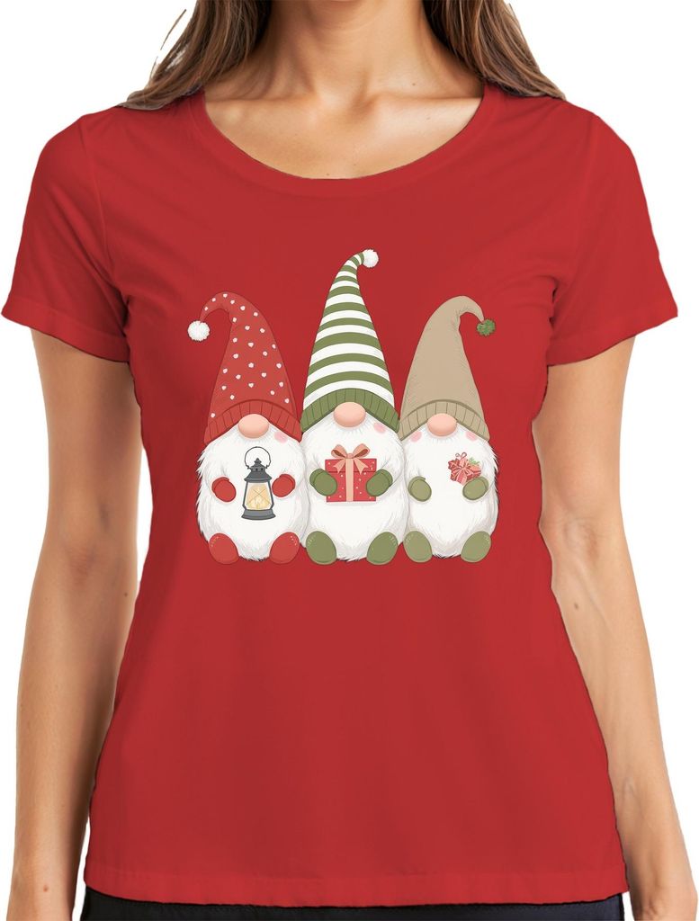 Weihnachtswichtel Weihnachtsgnome Drei Wichtel Geschenk Laterne Damen T-Shirt, Rot, L