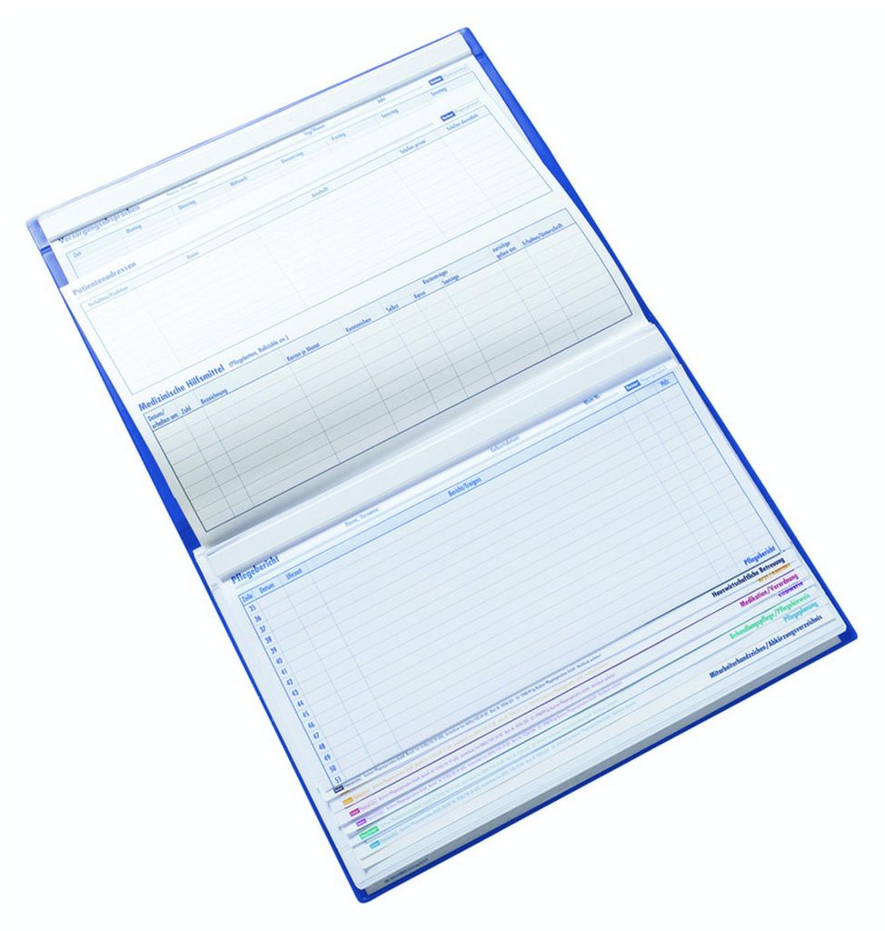 An open blue document folder with pages showing grids and lines for documentation.