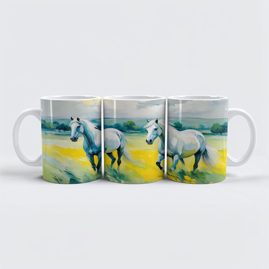 raxxa Premium-Tasse "Two White Horses Running Through Yellow Flowers"