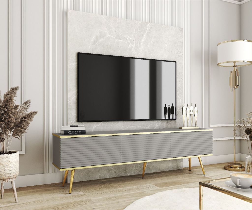 TV-Schrank ORO MDF 175 Grau geriffelte Fronten + Gold mit Goldene Füße TV-Lowboard Fernsehtisch