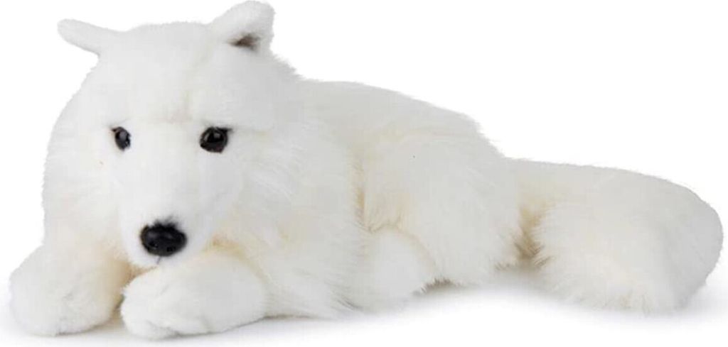 A white plush arctic fox lying down on a white background.