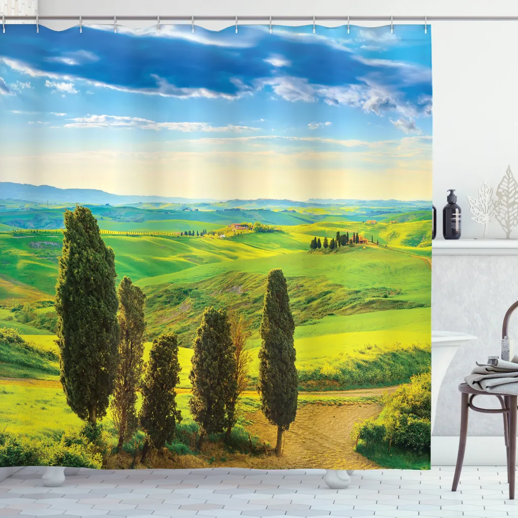 Rideau de douche Land Rural Sunset Italie 175x240 cm avec 12 anneaux