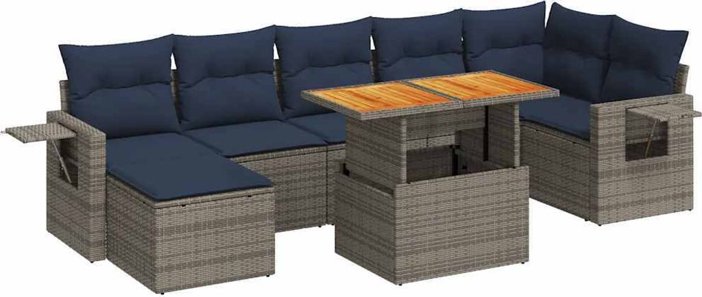 8-tlg. Garten-Sofagarnitur mit Kissen Grau Poly Rattan